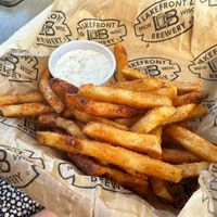 Crispy fries and vegan 🌱 sauce options   at Lakefront Brewery in Milwaukee