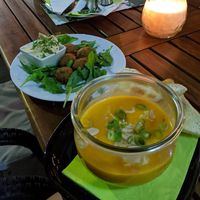 Sweet potato soup with side of falafel! at Stadtflair in Koblenz