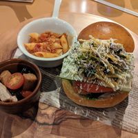 Vegetarian burger (has milk and egg), vegetarian marinated vegetables (has milk), soymeat sauce pasta at Cafe Tosca in Yokohama