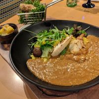Moong Dal Curry, fried soymeat, creamy pumpkin and bean salad at Cafe Tosca in Yokohama