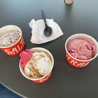 Freckled mint Tcho-colate chip(mint choc chip), Lemon cheesecake crumble and strawberry + coconut water sorbet at Salt & Straw in Del Mar