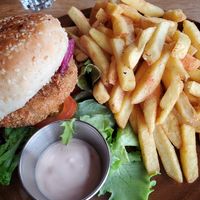 Vegan burger plus giant pile of fries at Gamli Baukur in Husavik