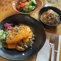 Soy Schnitzel with roasted vegetables and barley; cauliflower side dish; side salad  at Gamli Baukur in Husavik