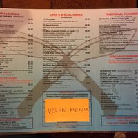 Vegan menu (items marked with V can be made vegan, just ask!) at Gurkha Kitchen in Nottingham