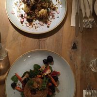 Top: Cauliflower Steak.                        Bottom: Slow roasted tomato and basil almond bake at The Bell Inn in Godstone
