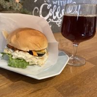 Vegan Hamburger and Pour Over iced  at alt. coffee roasters in Kyoto