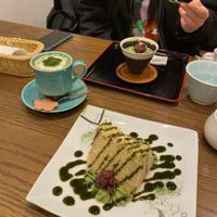 Matcha cake and matcha pudding  at Ippuku Cafe in Kyoto