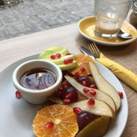 Vegan pancakes with maple and fresh fruit (and oat chai latte) at Budapest Baristas in Budapest