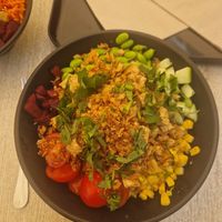 Large bowl - tofu, edamame, beetroot, cucumber, sweetcorn, crunchy onions and coriander at Poké Lagos in Lagos