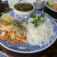 Lunch of Persian celery stew, rice, and carrot salad with avocado dressing at Persian House in Mindo
