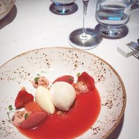 Dessert: rhubarb and strawberry in various forms. With sorbet ice cream, panna cotta and a crumble.  at TOV in Schagen