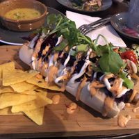Overloaded hot dog  at Bio Cafe in Aberdeen