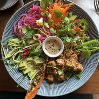 Ped Thai Rice Noodle Salad: red rice noodles, mangetout, edamame beans, avocado, sticky sesame tofu, papaya, micro greens and peanut sauce   at Bio Cafe in Aberdeen