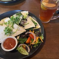 Quesadilla, apple tea and strawberry wafflees  at Bio Cafe in Aberdeen