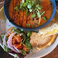 Soup of the day - tomato plus cheese toastie  at Bio Cafe in Aberdeen