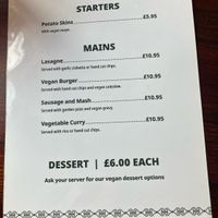 Vegan menu Feb 2025  at The Waterford Arms in Whitley Bay