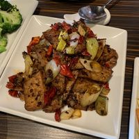 Dry chilli with mock chicken! This was sooooo yummy!  at Four Regions in Richmond Upon Thames