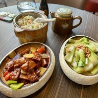 Vegetable fried rice, sweet & sour mock chicken, garlic choi sum  at Four Regions in Richmond Upon Thames