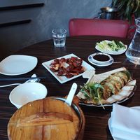 Fried vegetable dumplings and cashew mock chicken at Four Regions in Richmond Upon Thames