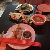 Steamed gai lan, massaman curry and leek and ginger dumplings  at Yulli's in Byron Bay