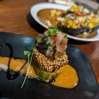 Sesame crumbed shiitake mushroom at Yulli's in Byron Bay