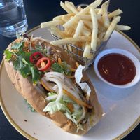 Eggplant katsu banh me and fries  at Yulli's in Byron Bay