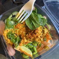 Tofu scramble poke bowl. Tasted like something you’d get from the ready-made section in grocery stores  at Hula in Edinburgh