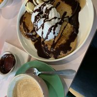 Banana pancakes and oatmilk Latte   at Hula in Edinburgh