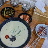 Traditional cold soya milk noodles and yummy banchan at Milbat 밀밭 in Seoul