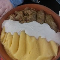 Stuffed cabbage with cashew sauce and polenta   at Level Up in Bucharest