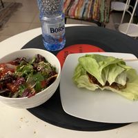 My mini salad and beyond meat burger with lettuce wrap   at Level Up in Bucharest
