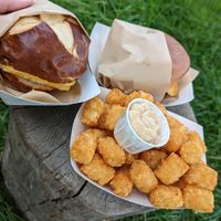 Brekkie and tots and 80s burger at Totally Awesome Vegan Food Truck in Portland