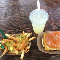 Black bean burger and jalapeño cheese fries and maple sweetened lemonade  at Totally Awesome Vegan Food Truck in Portland