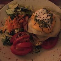 Double-seitan chivito with salad. at Namaste in Montevideo