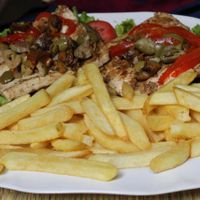 Tofu biff with mushrooms and fries at Namaste in Montevideo