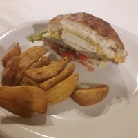 Chivito vegano (cut in half) at Namaste in Montevideo