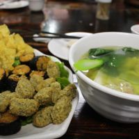 Fried stuff and soup with wontons (60+25 MOP). at Feng Cheng Xuan in Macau