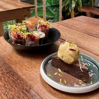 black bean brownie with sorbet and vietnamese rolls at Laylo in Tulum