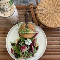 Beyond burger and iced tascalate made with water at Laylo in Tulum