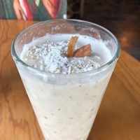 Banana sunrise smoothie, I think it had bananas, dates, cinnamon and coconut #Veganuary at Laylo in Tulum