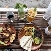 French toast and scrambled tofu, coffee and delicious juice at Laylo in Tulum