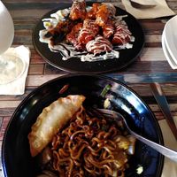 Fried mushrooms and black noodles with dumplings - both were delicious! at Cafe SIVA 카페 시바 in Seoul