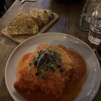 Lasagna and garlic bread   at Maccaroni Trattoria Italiana in Melbourne