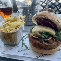 Very delicious vegan tofu Burger 🍔 well marinated with mushrooms on top. There is just one vegan burger, but hey, it’s delicious.   at Don Pedro in Mallorca