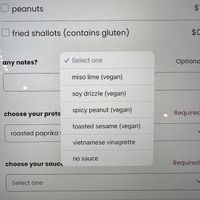 Labeled vegan at the ordering screen  at Bon Me - Smith Campus Center in Cambridge