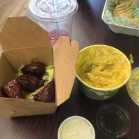 all amazing vegan house made cashew mac, bbq drummies, seasoned fries, and house made ranch :) at Java Juice Cafe in Flagstaff