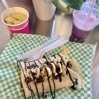Vegan chunky monkey crepe, vanilla soft serve & taro boba tea at Java Juice Cafe in Flagstaff