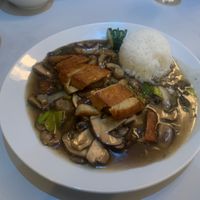Nr 41: Ente mit Steinchampignons in Ingwer Reiswein Soße  at Vegefarm in Bremen