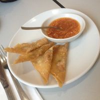  Wonton parcels with mango sauce. at Vegefarm in Bremen