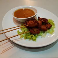 Satay "chicken" sticks with peanut sauce (menu #21) at Vegefarm in Bremen